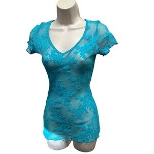 Cache Y2K sheer lace shirt blue floral women’s medium fairy grunge